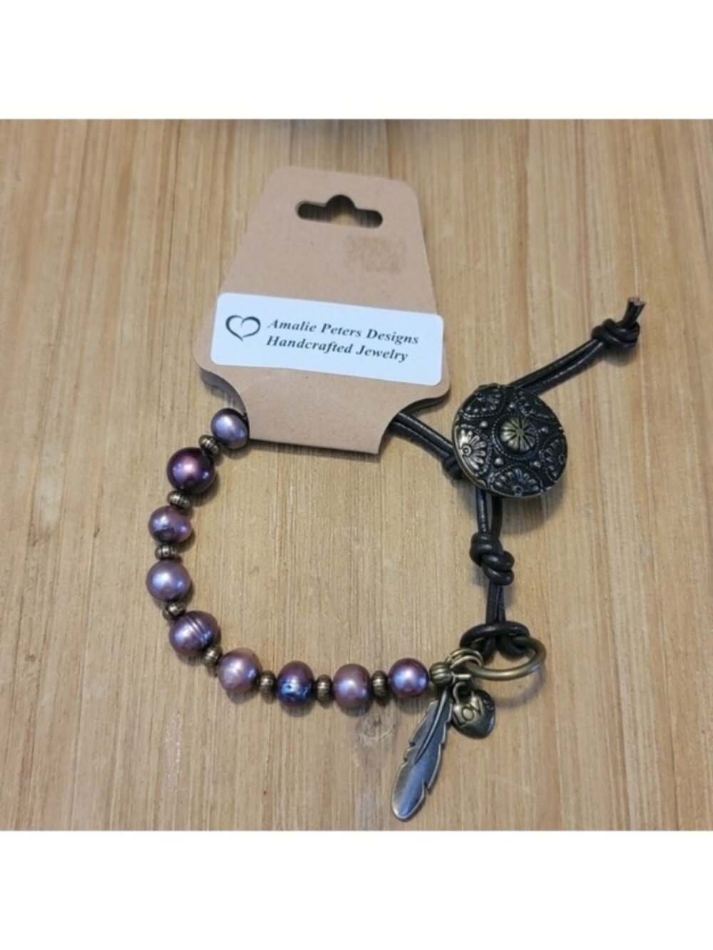NEW Amalie Peters Brown Leather Burgundy Pearl Button Feather Boho Bracelet